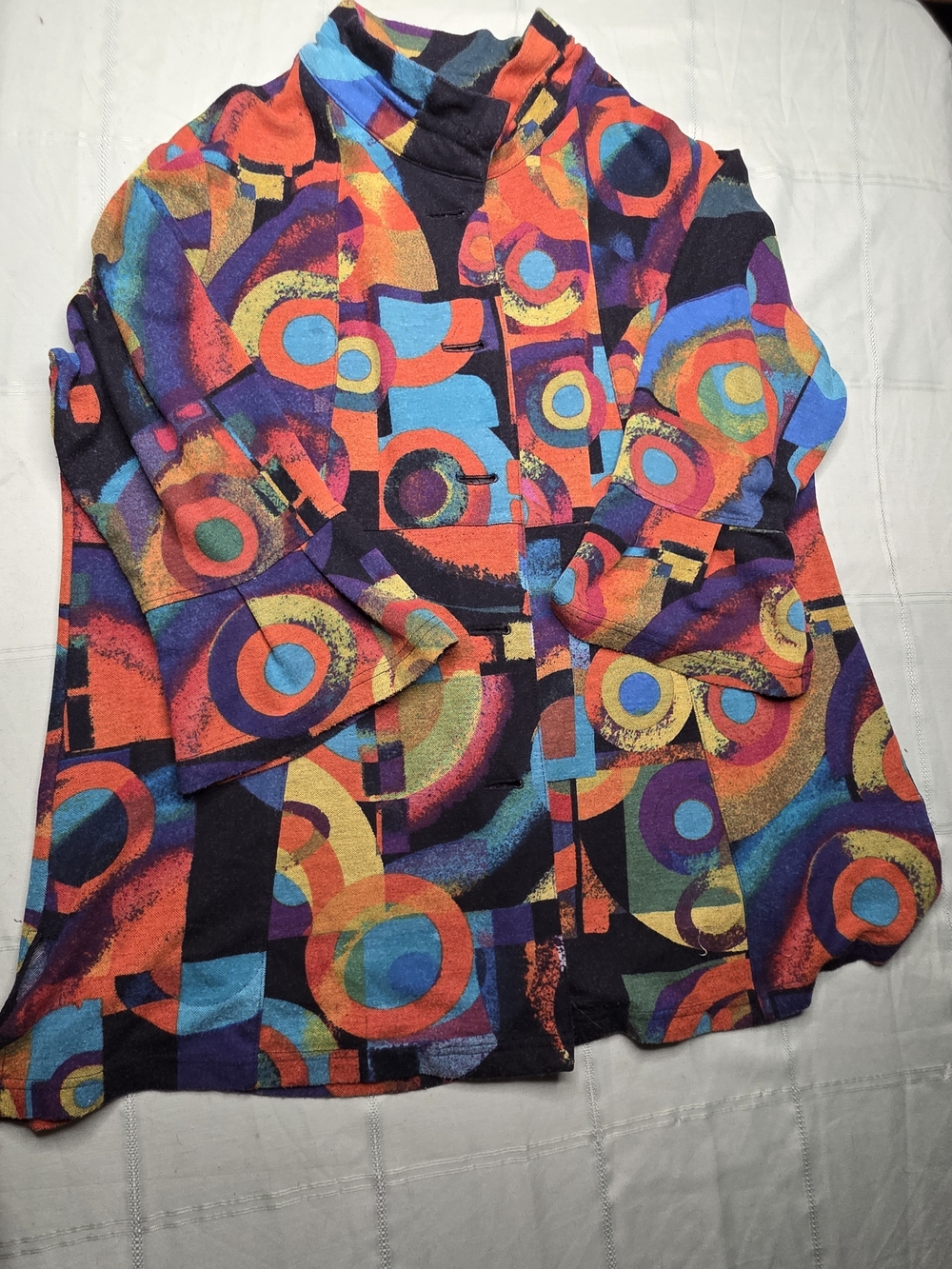 Ali Miles Abstract Geometric Woven Jacket Size M Artsy Colorful Stand Collar